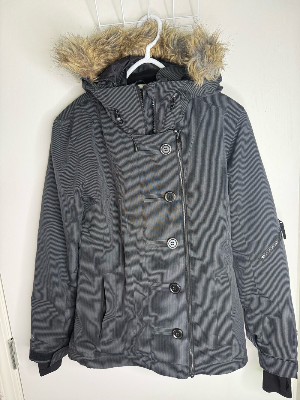 Powder Room Women’s Gray Hooded Double Zipper Winter Coat with Faux Fur Trim XS